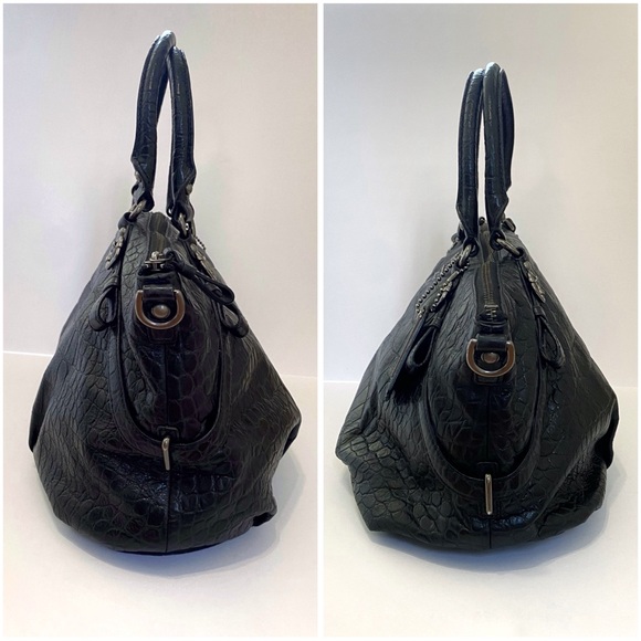 COACH BLACK CROC PRINT LEATHER ZIP CLOSURE TOP HANDLE SILVER BUCKLE PURSE BAG - Picture 4 of 12